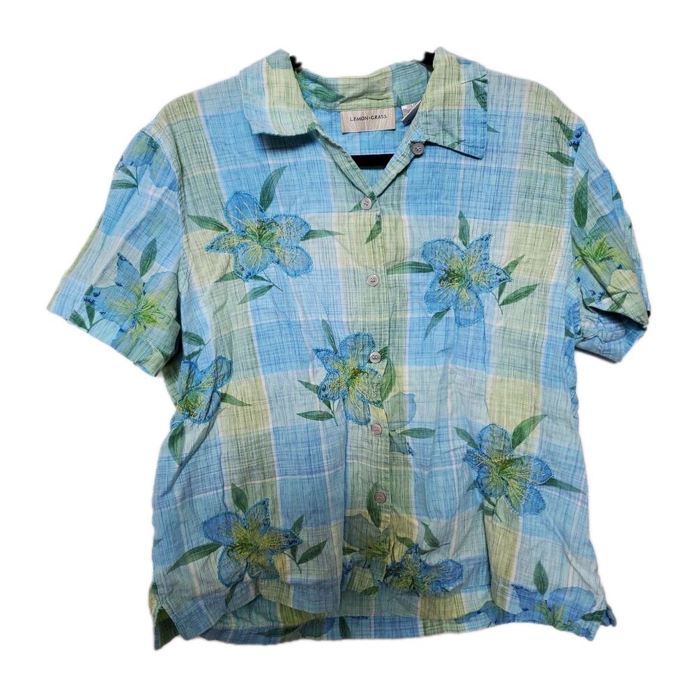 LEMON GRASS Cotton Button Up Short Sleeve Blue Plaid Floral Hawaiian Shirt XL
